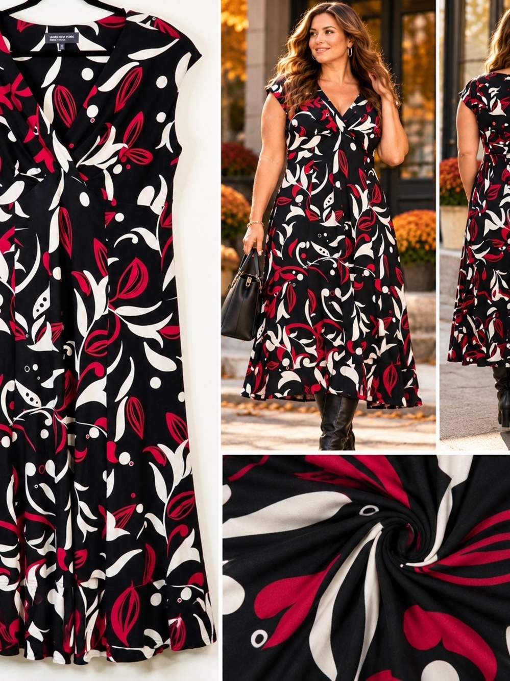 Jones New York 16W Abstract Floral Midi Dress Retro Office Chic Stretch V Neck